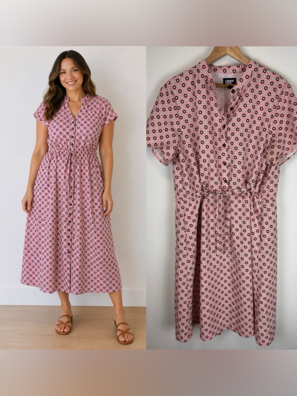 NWOT Lands End Shirt Dress Sz M 10-12 Pink Floral Print Button Front Tie Waist